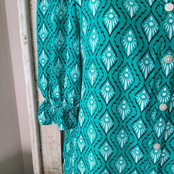 NY Collection Women's Petite Short Balloon Sleeve Button Front Blouse Top Geo - Picture 4 of 11